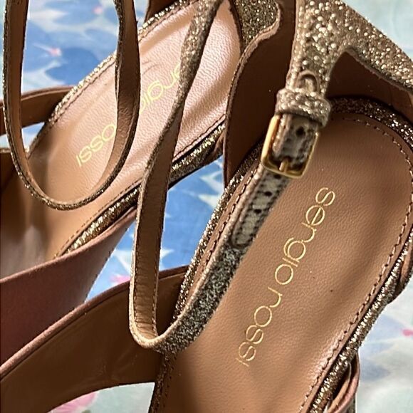Sergio Rossi Scarpe Donna Rose Ribbon and Gold Glitter Heels - Picture 7 of 17